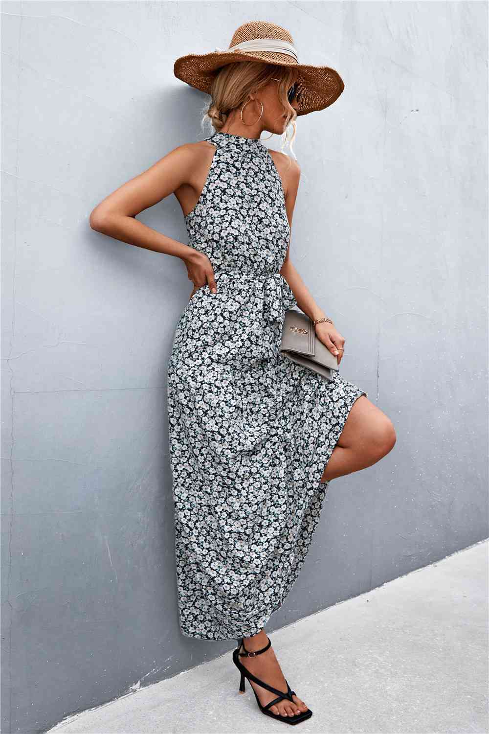 Printed Sleeveless Tie Waist Maxi Dress Bazaarbey