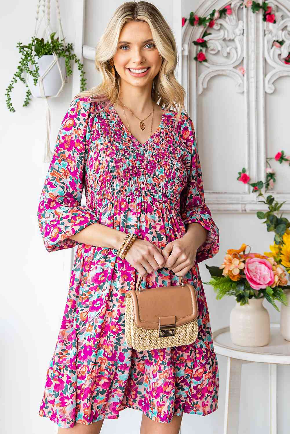 Floral Smocked V-Neck Flounce Sleeve Dress -BazaarBey - www.shopbazaarbey.com