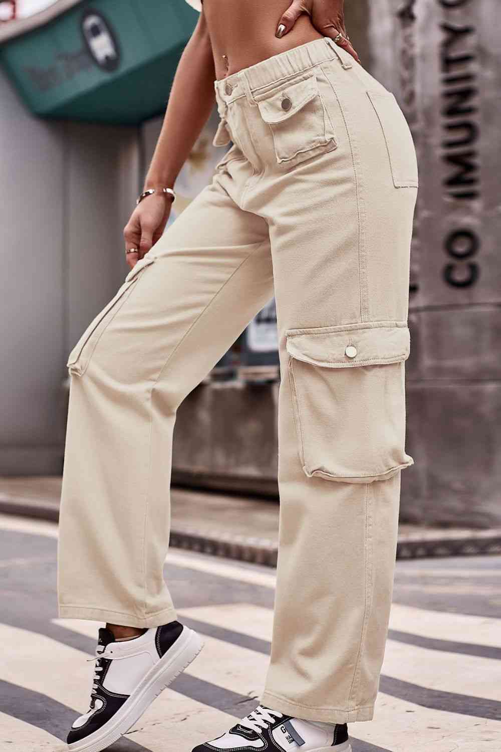 Buttoned Knee Pockets Loose Fit Jeans Bazaarbey
