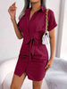 Button Down Ruched Tie Belt Dress -BazaarBey - www.shopbazaarbey.com