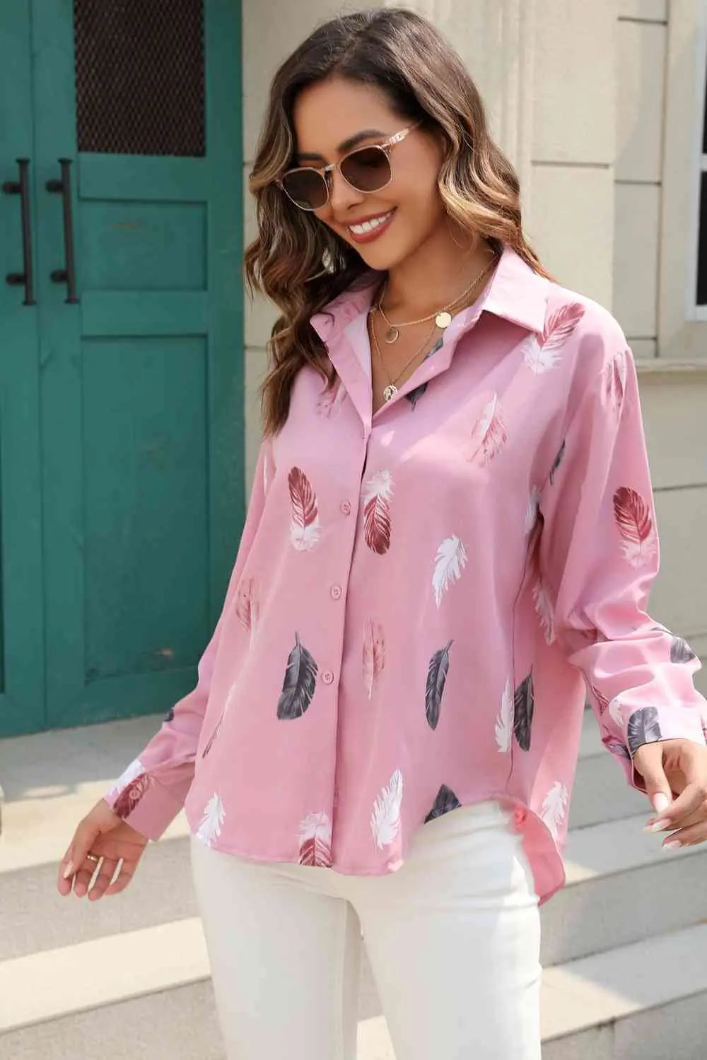 Printed Collared Neck Buttoned Shirt Bazaarbey