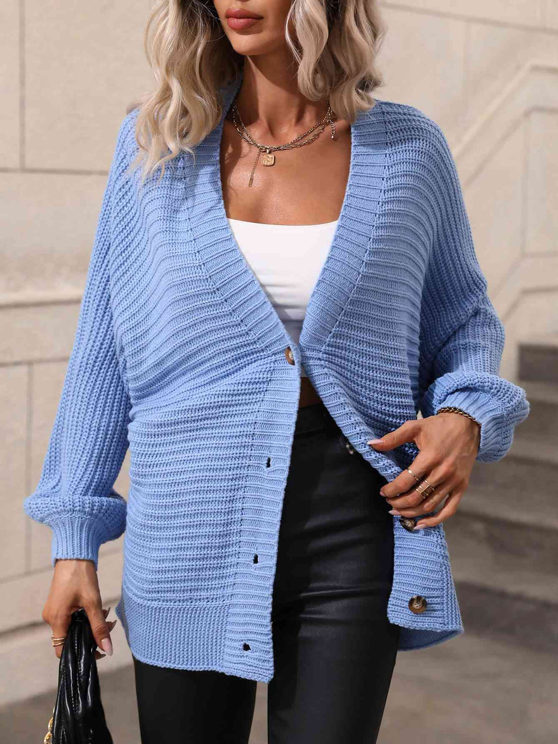  Button Down Horizontal-Ribbing  Cardigan Trendsi