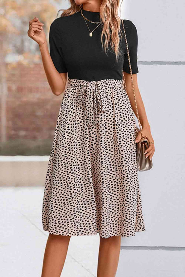 Printed Short Sleeve Belted Dress -BazaarBey - www.shopbazaarbey.com