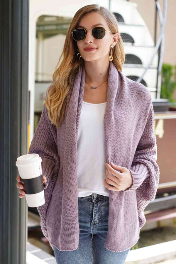  Dolman Sleeve Open Front Ribbed Trim Longline Cardigan Bazaarbey