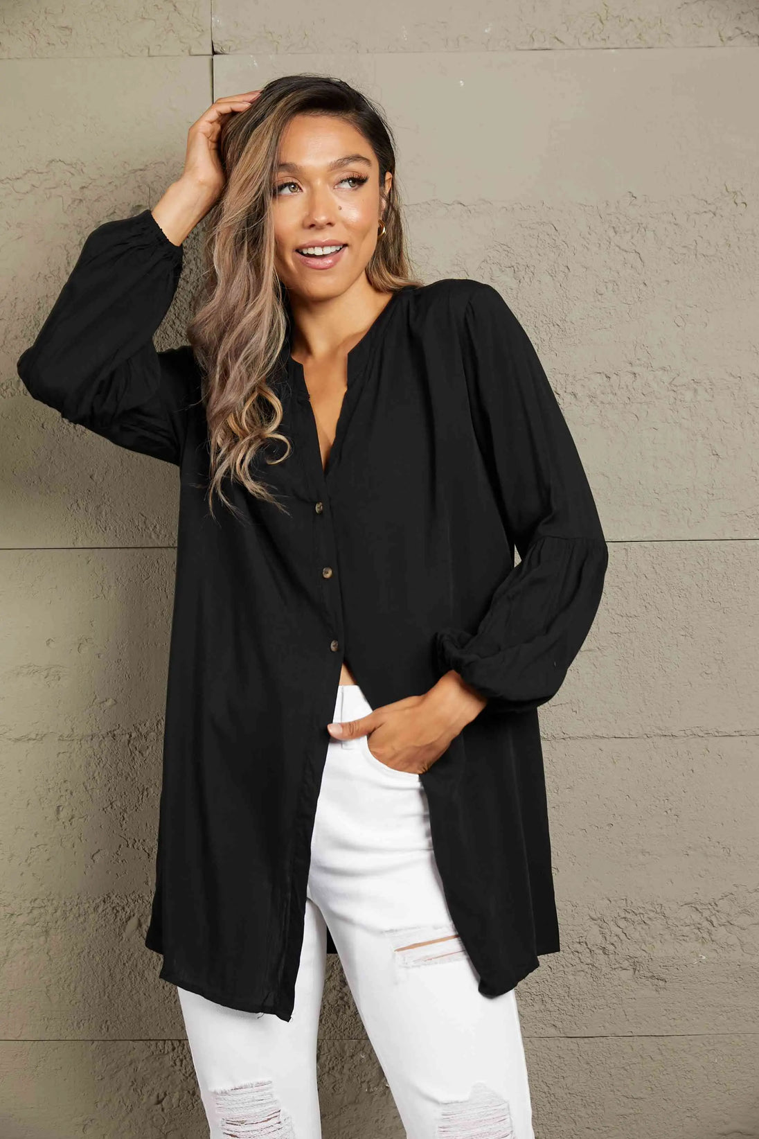  Notched Neck Balloon Sleeve Shirt Bazaarbey