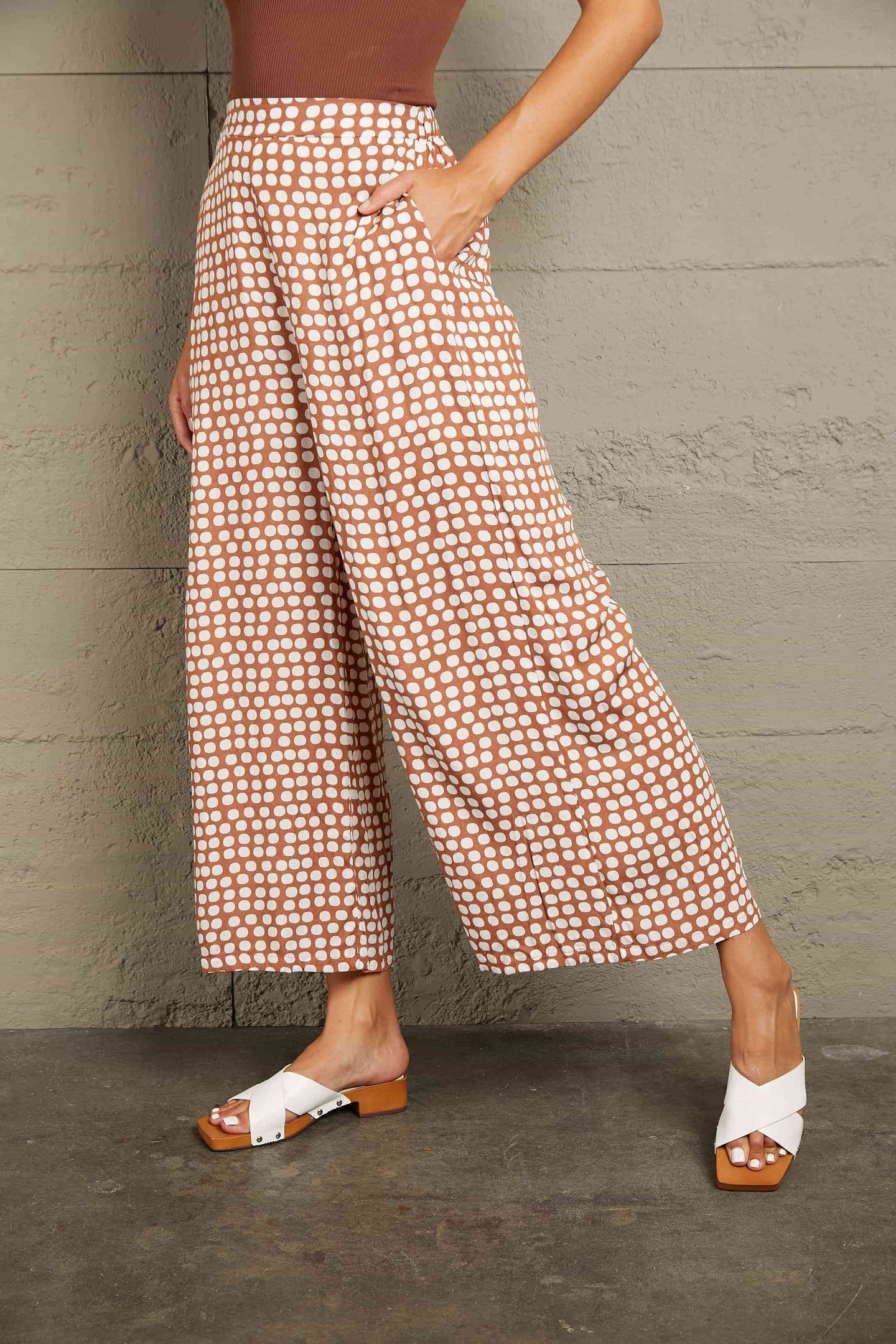  Polka Dot High Waist Wide Leg Pants with Pockets Bazaarbey