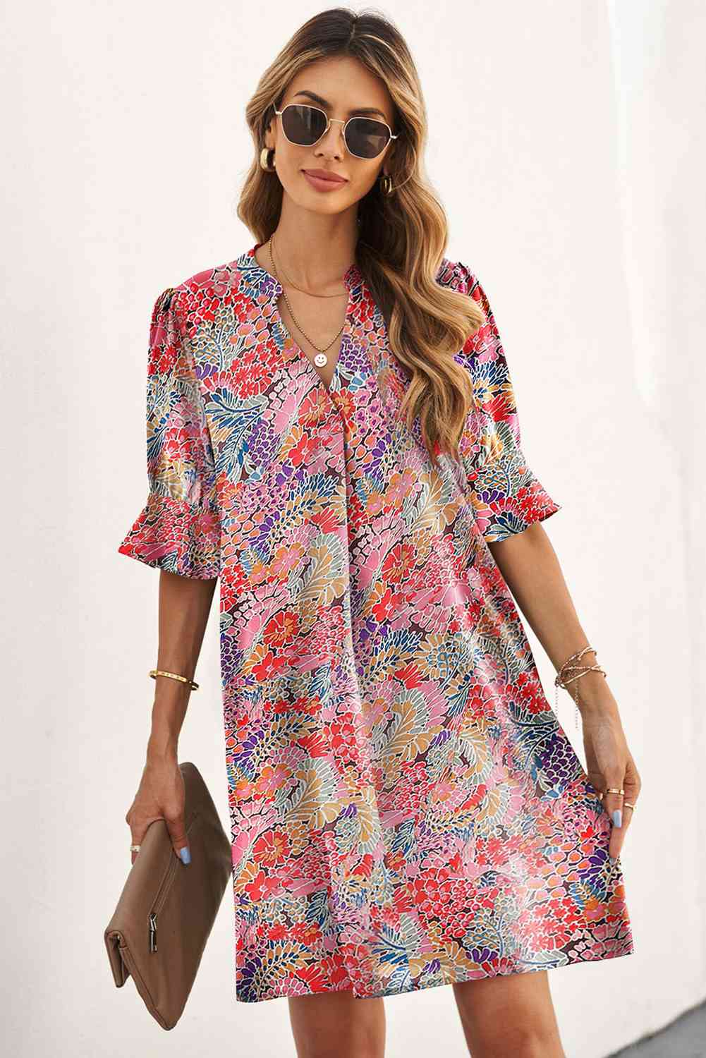 Floral Notched Neck Flounce Sleeve Shift Dress -BazaarBey - www.shopbazaarbey.com
