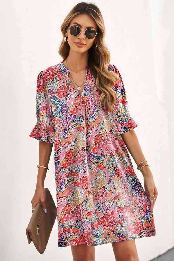Floral Notched Neck Flounce Sleeve Shift Dress -BazaarBey - www.shopbazaarbey.com