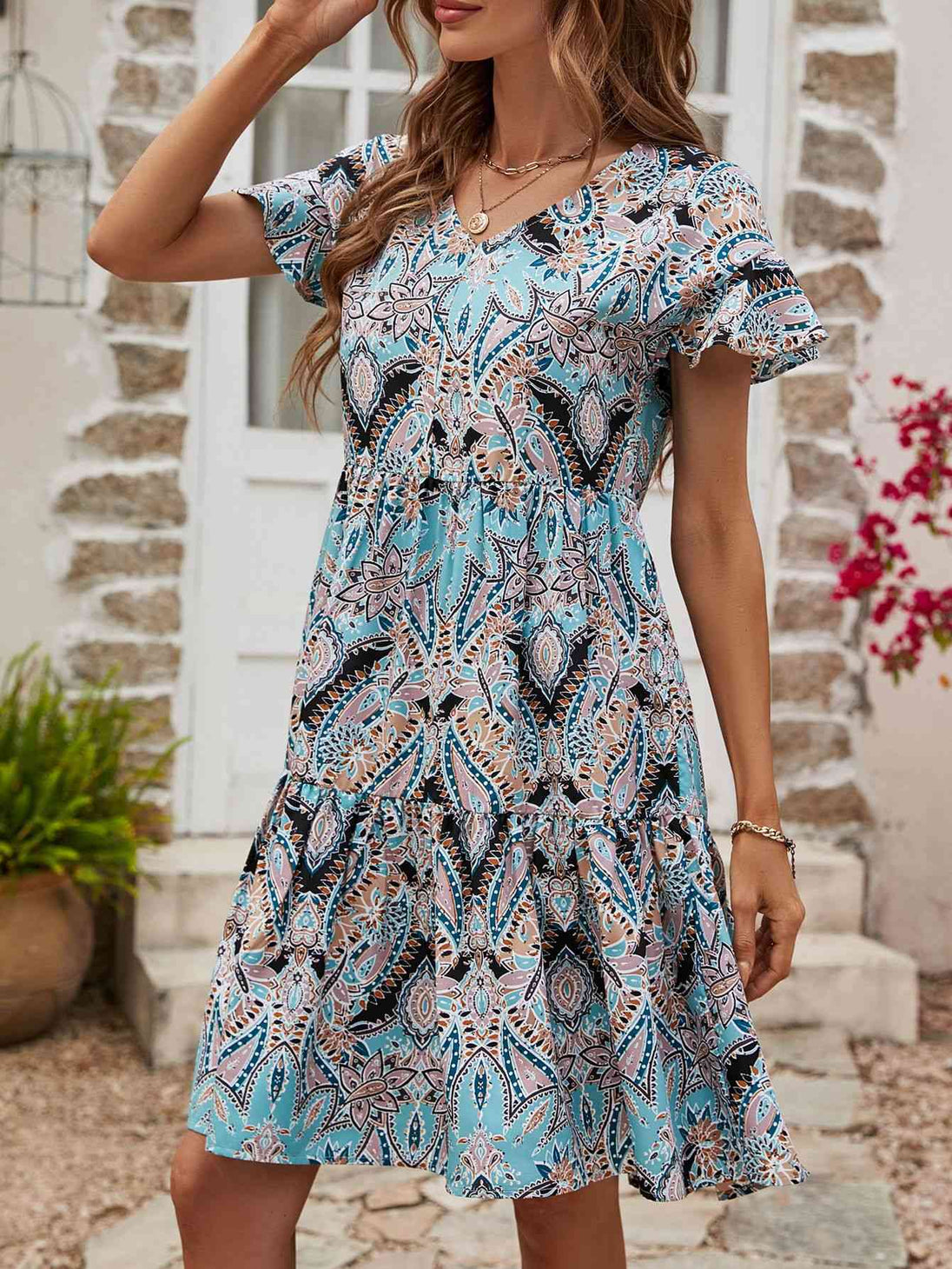 Printed V-Neck Tiered Dress -BazaarBey - www.shopbazaarbey.com
