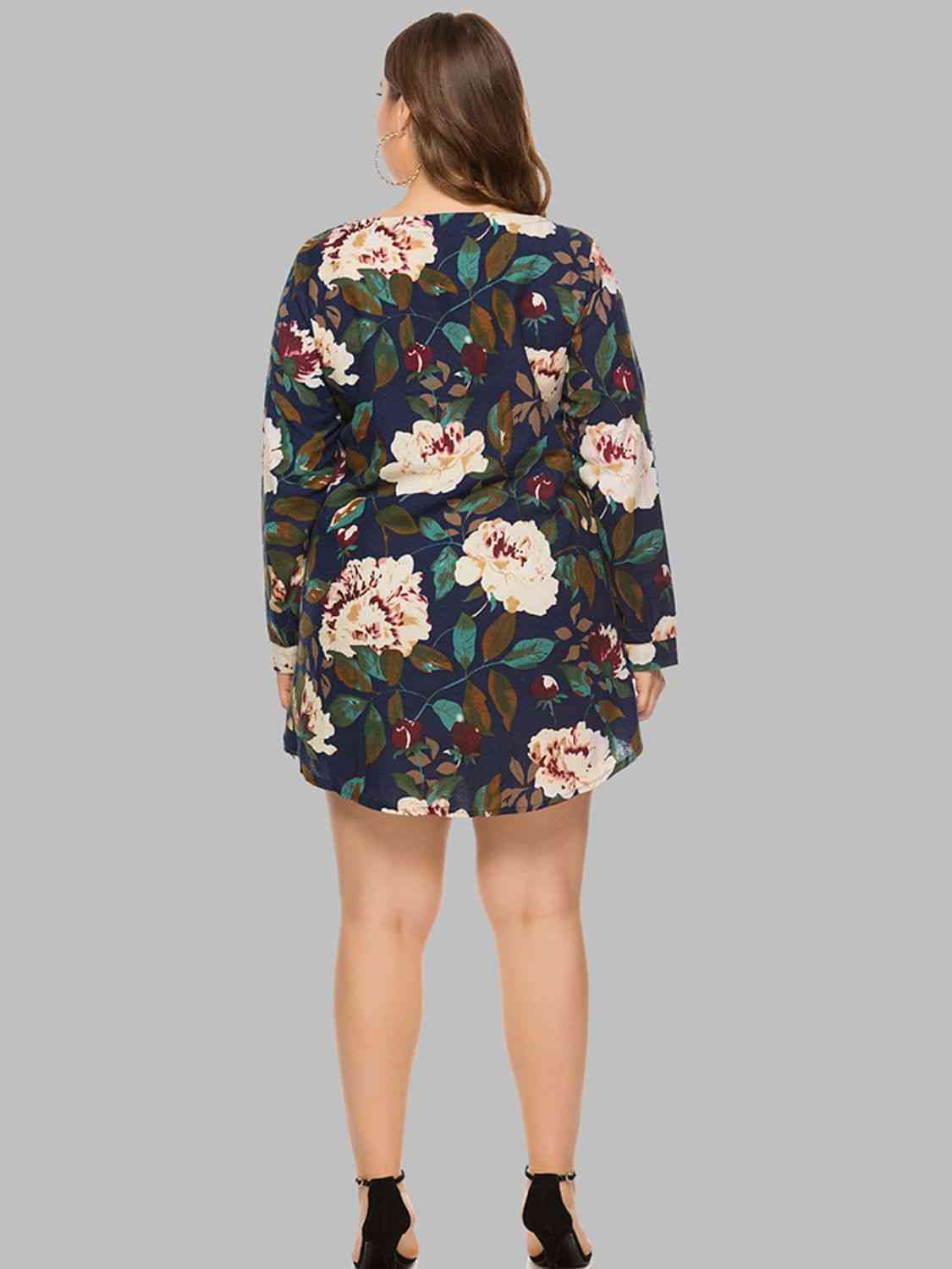 Full Size Floral Long Sleeve Mini Dress -BazaarBey - www.shopbazaarbey.com