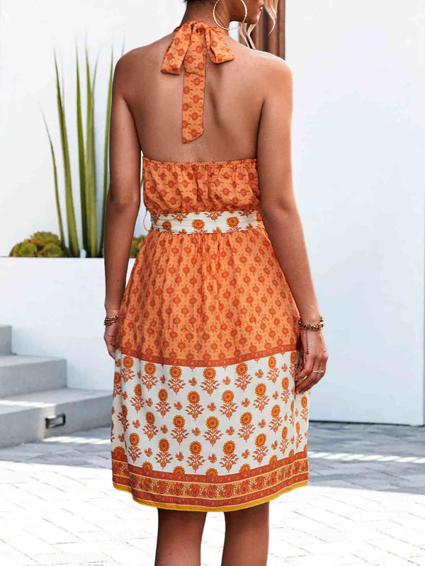 Floral Halter Neck Tie Waist Dress -BazaarBey - www.shopbazaarbey.com