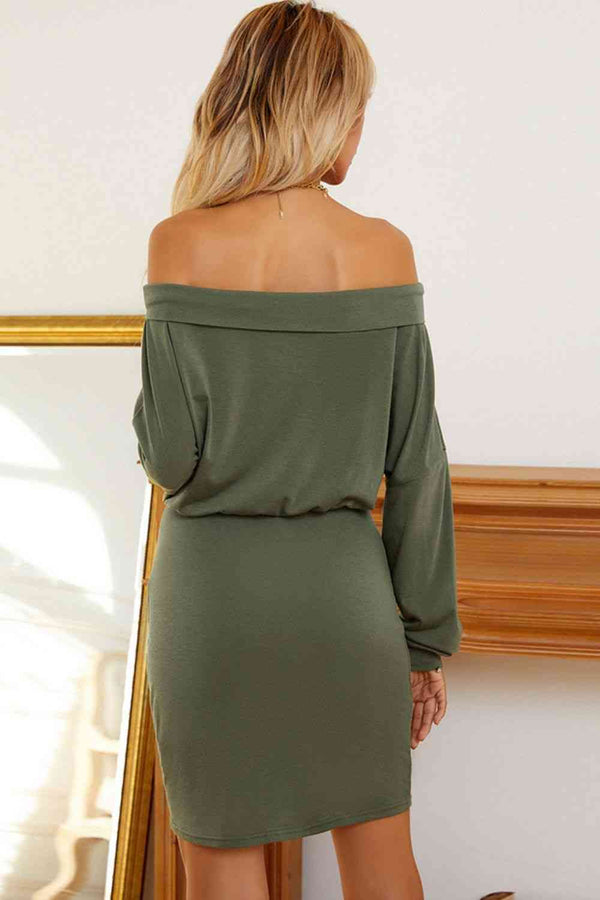 Off-Shoulder Long Sleeve Dress -BazaarBey - www.shopbazaarbey.com