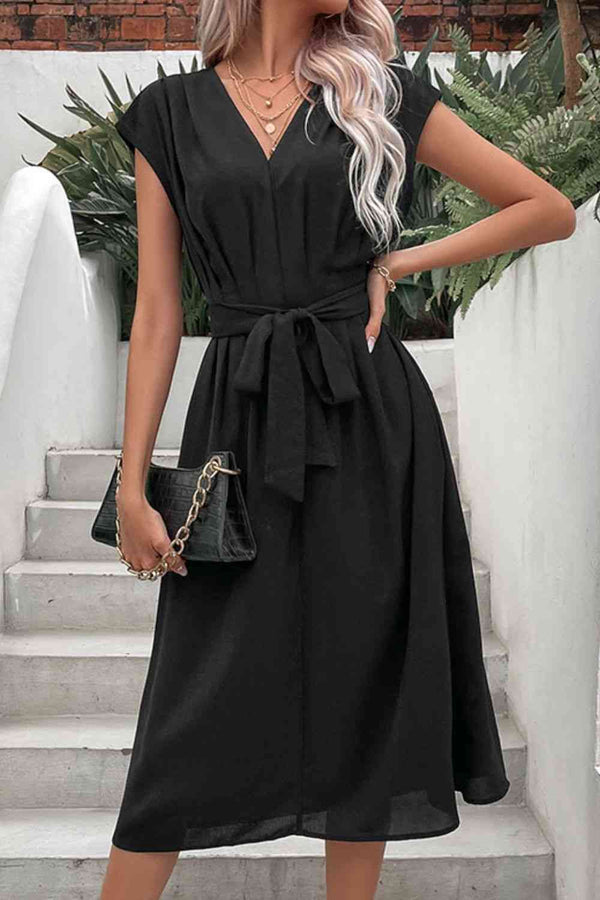Tie Belt V-Neck Pleated Dress -BazaarBey - www.shopbazaarbey.com