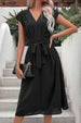 Tie Belt V-Neck Pleated Dress -BazaarBey - www.shopbazaarbey.com