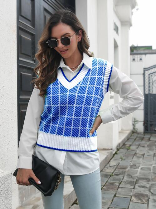 Plaid V-Neck Sweater Vest Trendsi