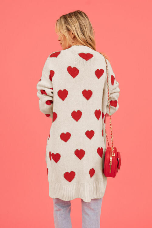 Heart Graphic Open Front Cardigan with Pockets Bazaarbey