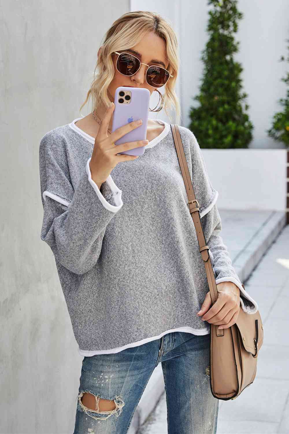 Round Neck Dropped Shoulder Sweater Bazaarbey