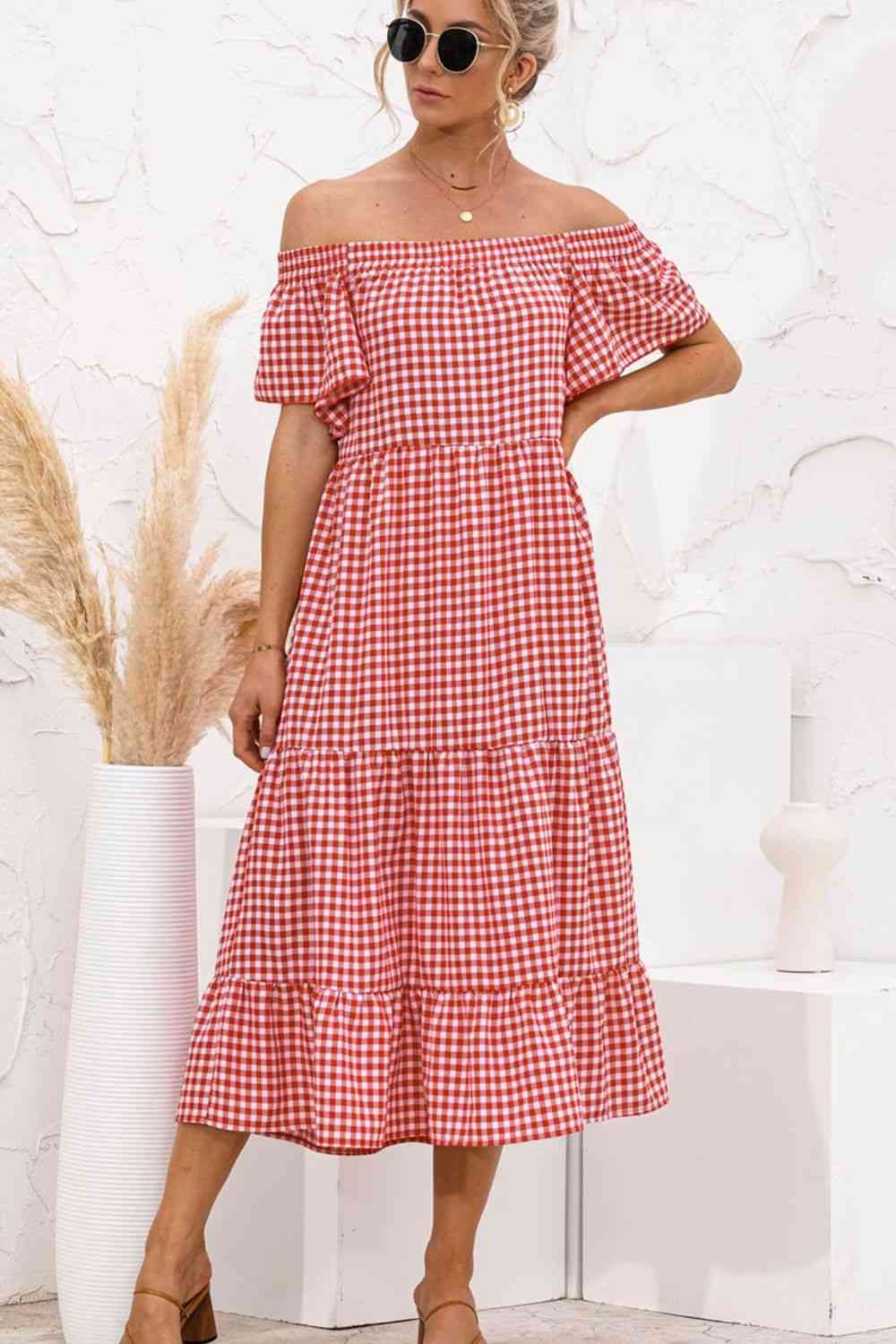 Plaid Off-Shoulder Tiered Midi Dress -BazaarBey - www.shopbazaarbey.com