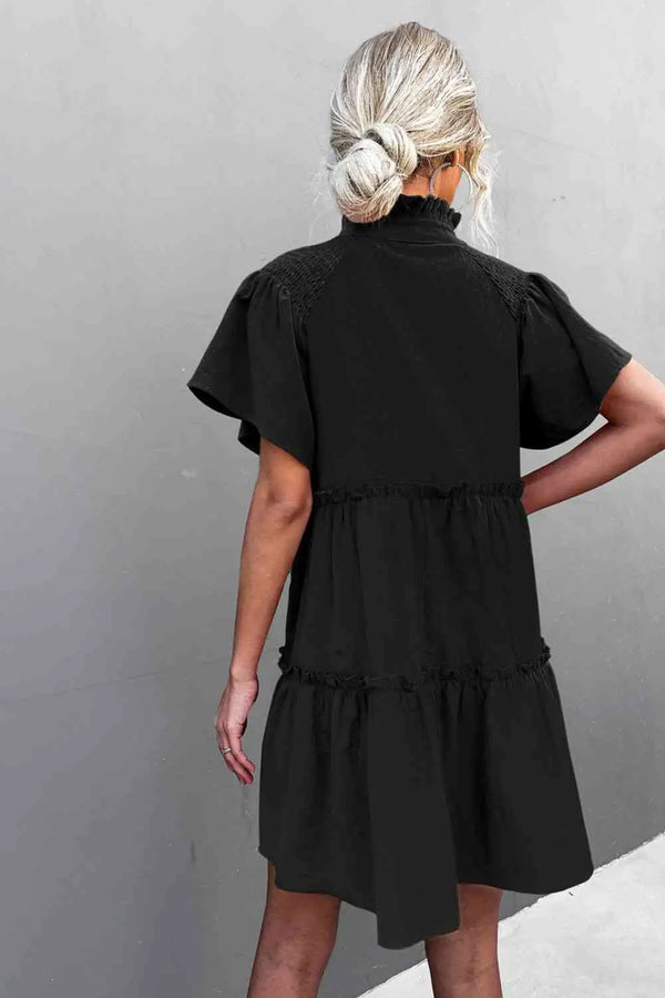 Frill Trim Smocked Tie Neck Dress -BazaarBey - www.shopbazaarbey.com