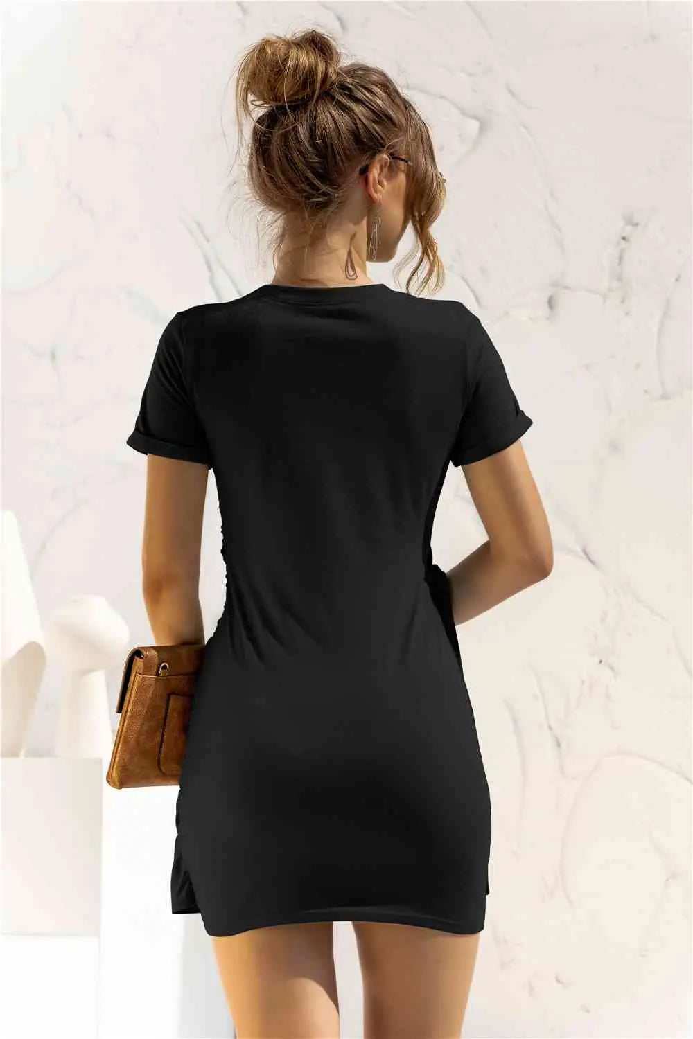 Round Neck Cuffed Sleeve Side Tie Dress -BazaarBey - www.shopbazaarbey.com