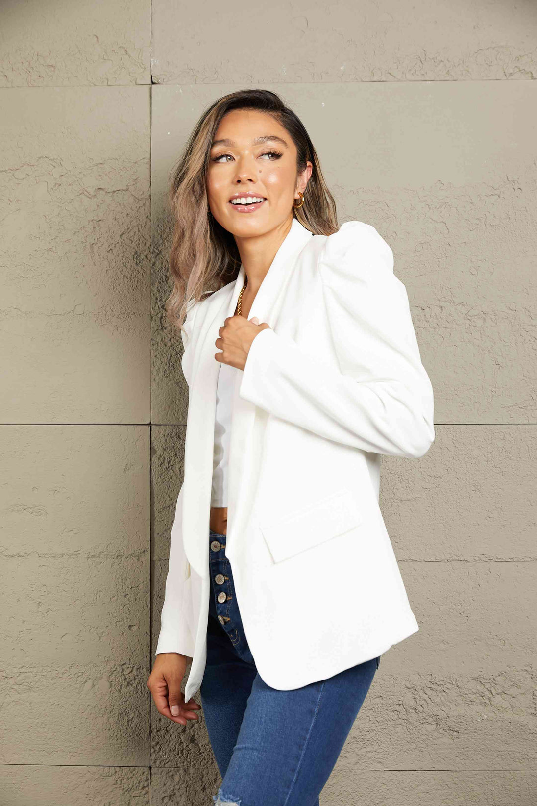  Puff Sleeve Shawl Collar Blazer Bazaarbey