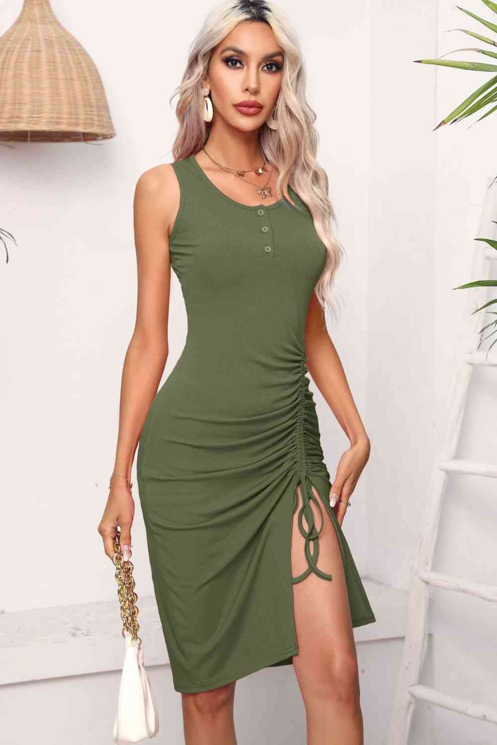 Drawstring Ruched Slit Sleeveless Dress -BazaarBey - www.shopbazaarbey.com