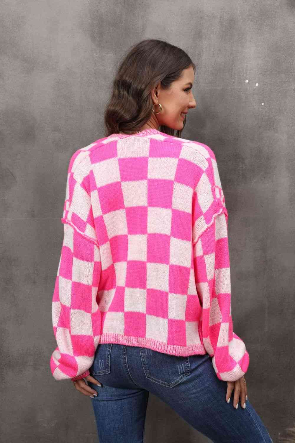 Checkered Open Front Drop Shoulder Cardigan Bazaarbey