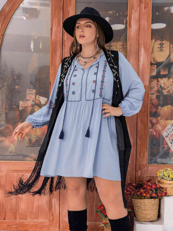 Plus Size Tie Neck Tassel Detail Long Sleeve Mini Dress -BazaarBey - www.shopbazaarbey.com