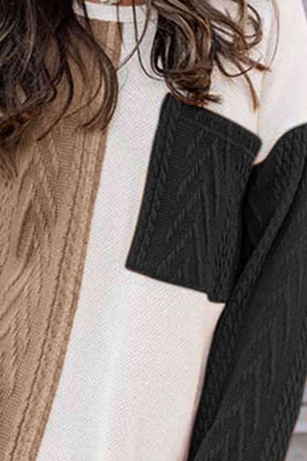 Full Size Color Block Cable-Knit Tops Bazaarbey