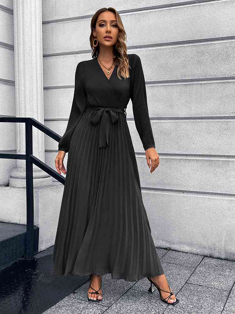 V-Neck Tie Waist Pleated Maxi Dress Bazaarbey