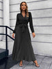 V-Neck Tie Waist Pleated Maxi Dress Bazaarbey