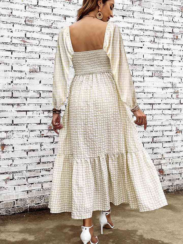 Smocked Square Neck Long Sleeve Dress -BazaarBey - www.shopbazaarbey.com
