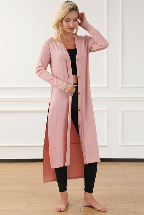 Button Up High-Low Long Sleeve Slit Cardigan Bazaarbey