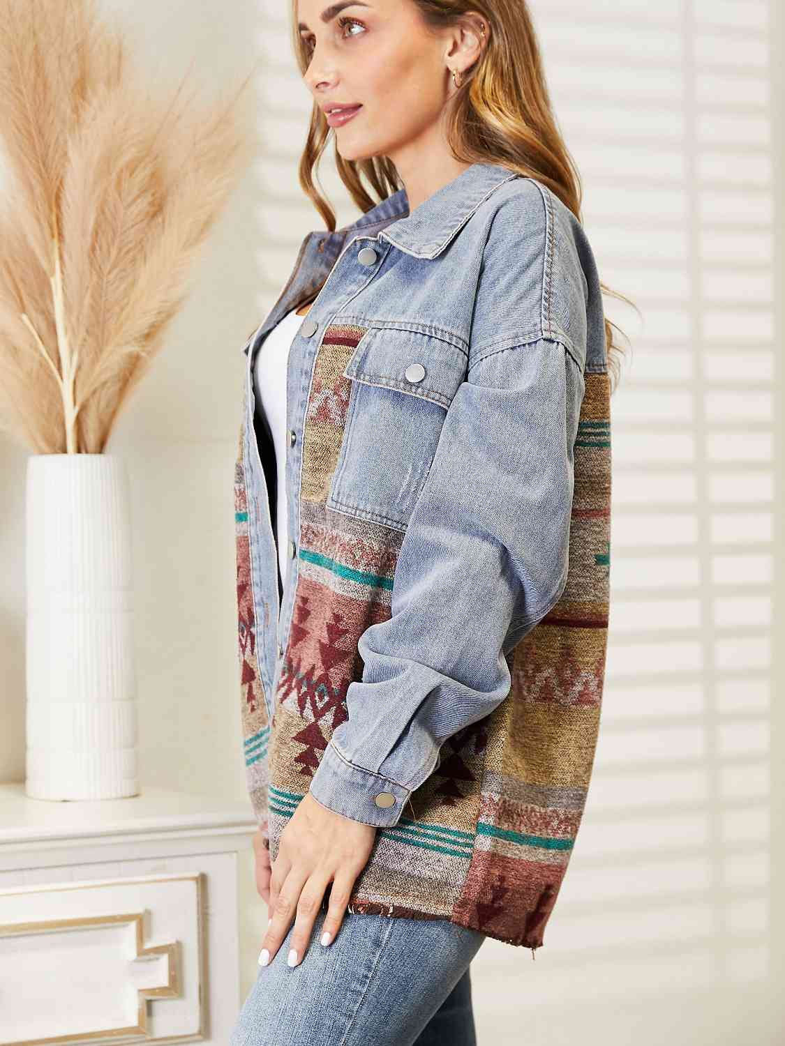 Collared Neck Dropped Shoulder Denim Jacket Bazaarbey