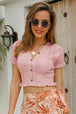Buttoned Frill Hem Cropped Knit Top Trendsi