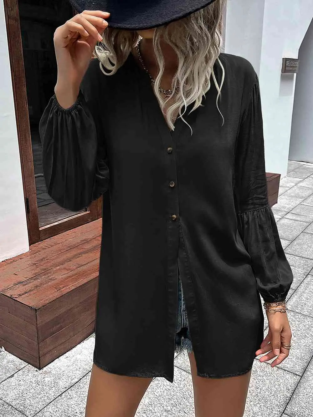  Notched Neck Balloon Sleeve Shirt Bazaarbey