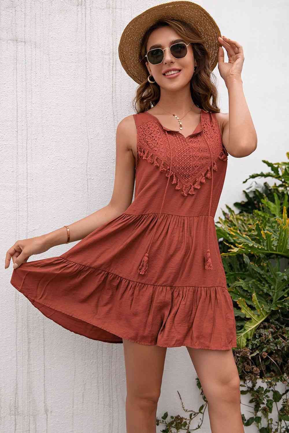 Tassel Tie Lace Trim Sleeveless Dress -BazaarBey - www.shopbazaarbey.com