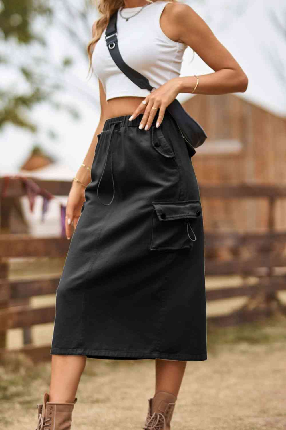 Drawstring Waist Slit Denim Skirt Bazaarbey