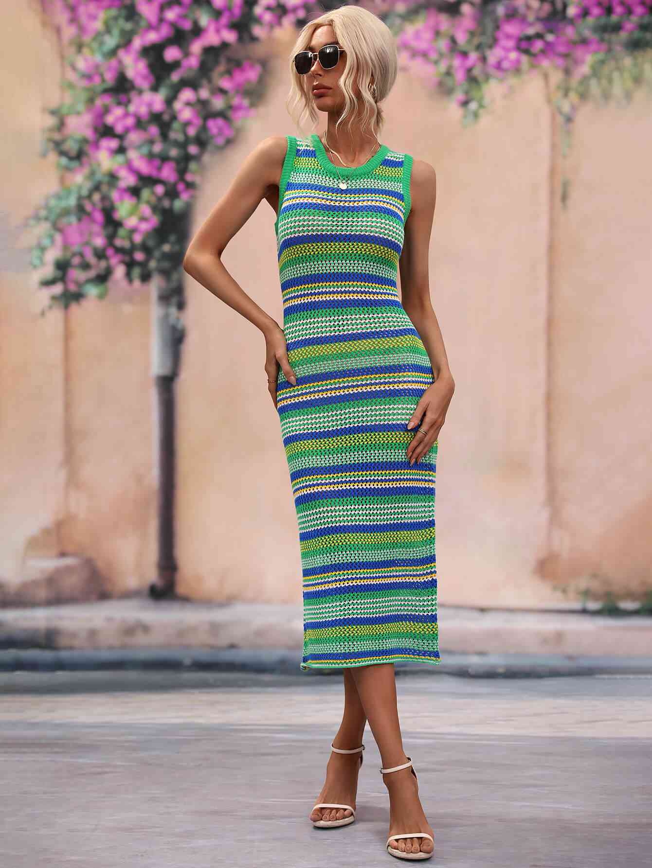 Striped Round Neck Sleeveless Midi Cover Up Dress Bazaarbey