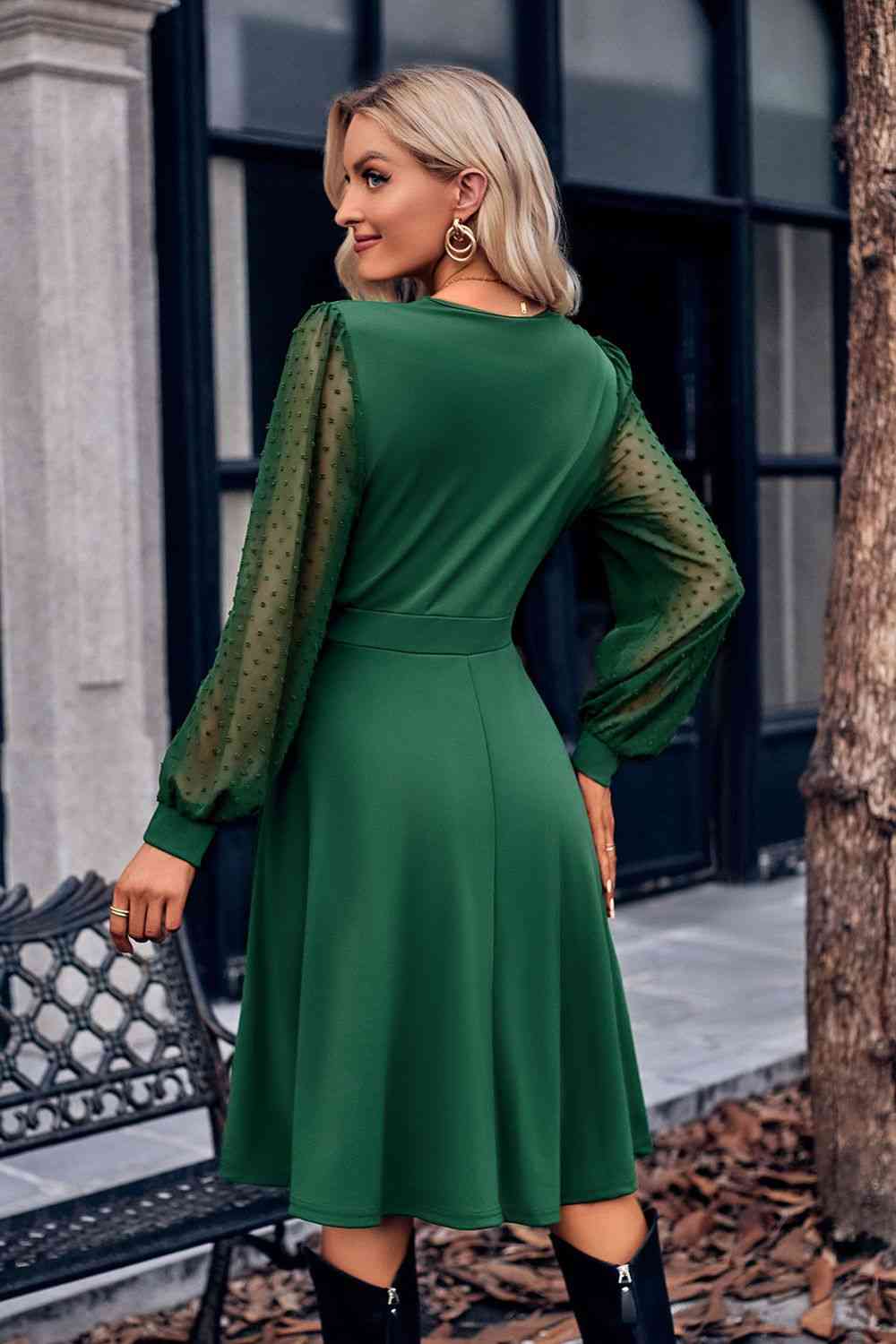 Surplice Neck Swiss Dot Long Sleeve Dress Bazaarbey