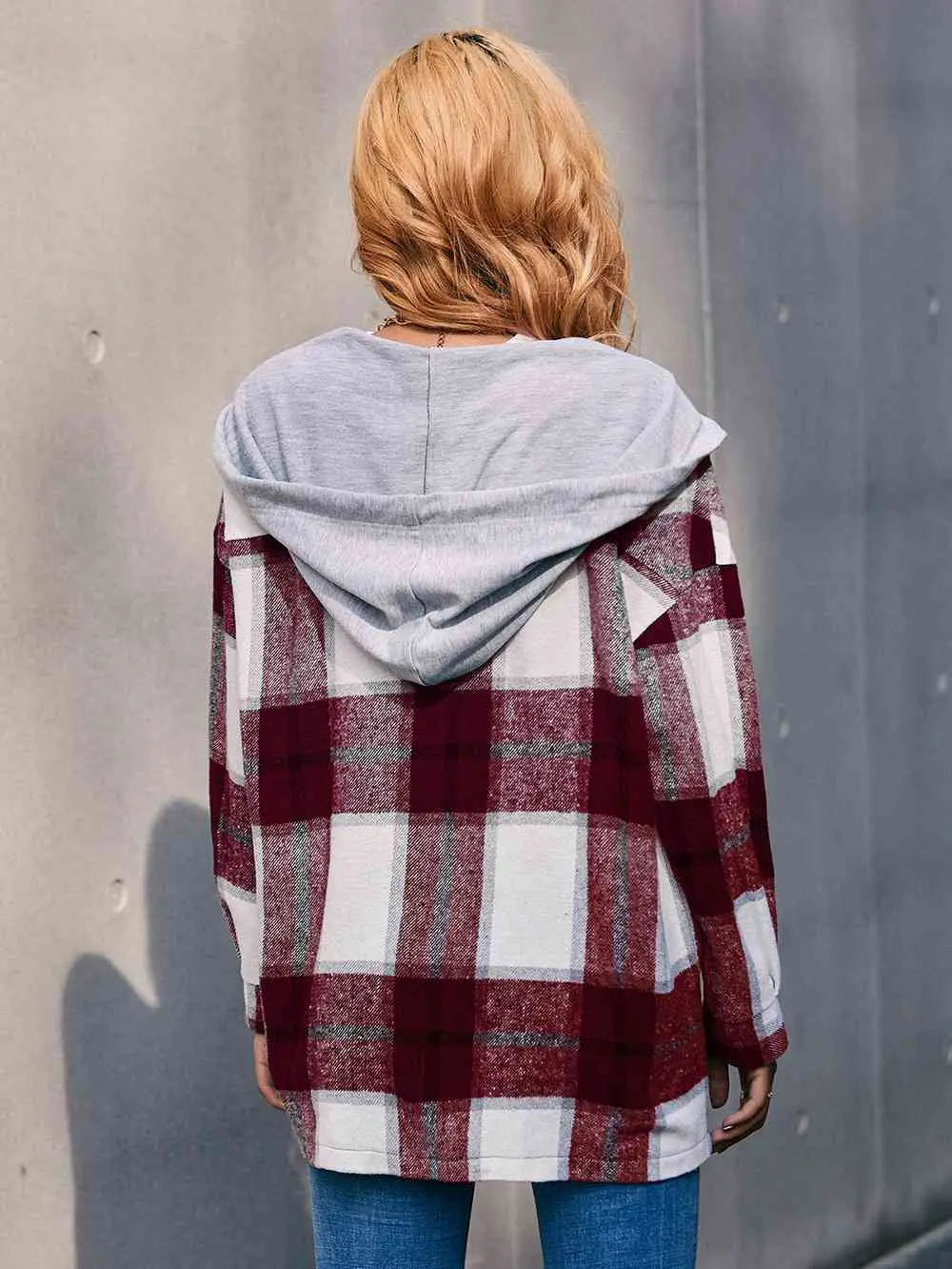 Plaid Dropped Shoulder Hooded Jacket Bazaarbey