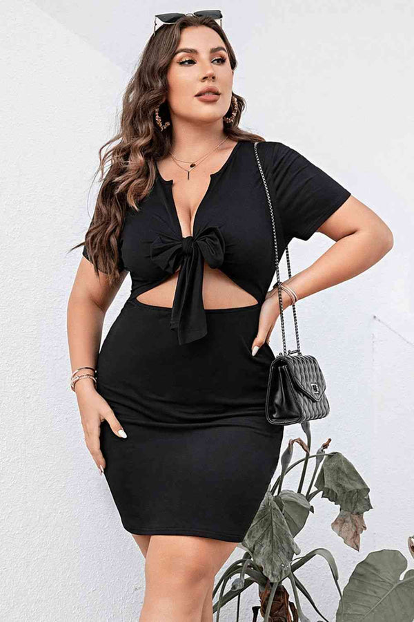 Plus Size Cutout Tie Front Short Sleeve Dress -BazaarBey - www.shopbazaarbey.com