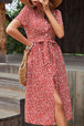  Floral Button Front Tied Puff Sleeve Dress -BazaarBey - www.shopbazaarbey.com