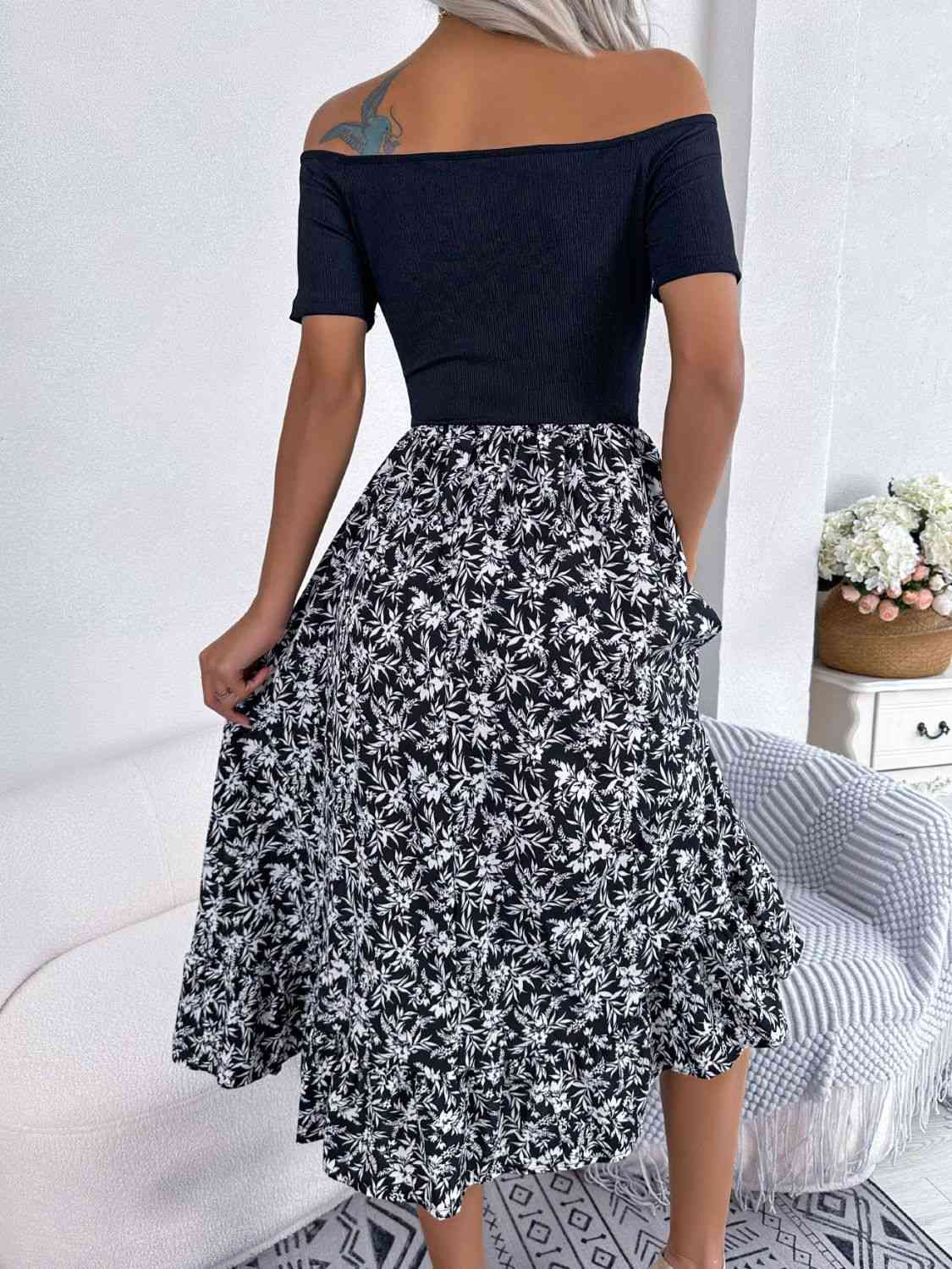 Printed Off-Shoulder Ruffle Hem Dress -BazaarBey - www.shopbazaarbey.com