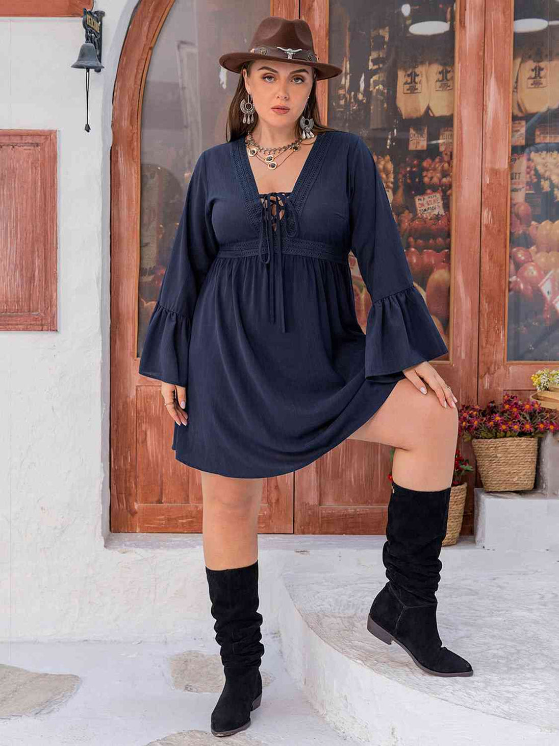 Plus Size Tie Front V-Neck Flare Sleeve Dress -BazaarBey - www.shopbazaarbey.com