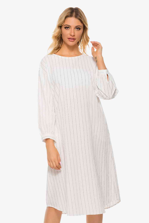 Pinstripe Tie Waist Round Neck Dress -BazaarBey - www.shopbazaarbey.com
