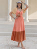 Color Block Tie Front Smocked Midi Dress -BazaarBey - www.shopbazaarbey.com