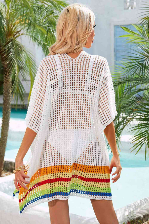Rainbow Stripe Openwork Slit Cover-Up Bazaarbey