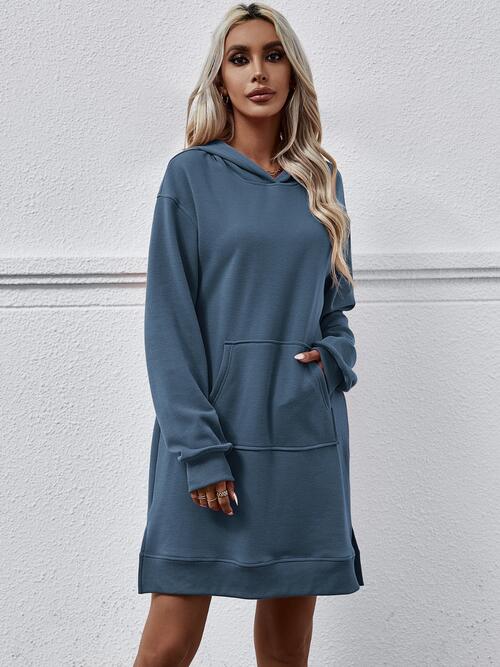 Slit Long Sleeve Hooded Dress with Pocket -BazaarBey - www.shopbazaarbey.com
