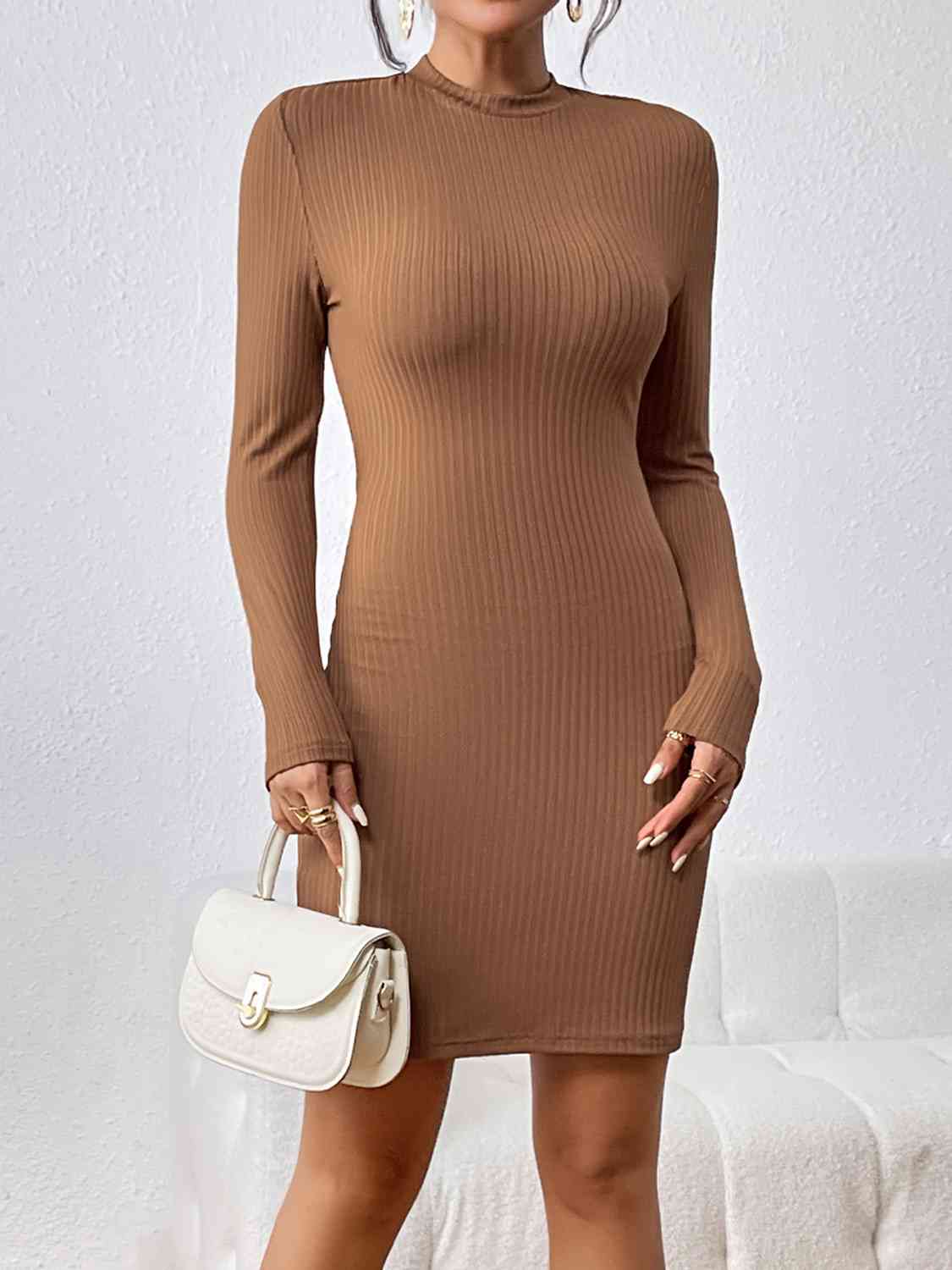 Long Sleeve Ribbed Mini Dress -BazaarBey - www.shopbazaarbey.com